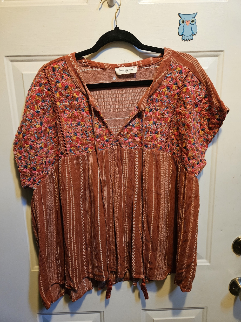 Impressions Rust Embroidered V-Neck Tunic with Multicolor Stitching